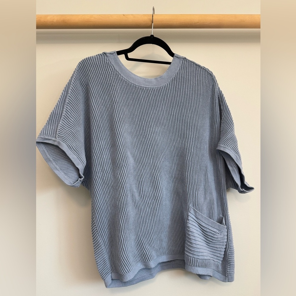 Coldwater Creek Blue Ribbed Knit Short Sleeve Sweater